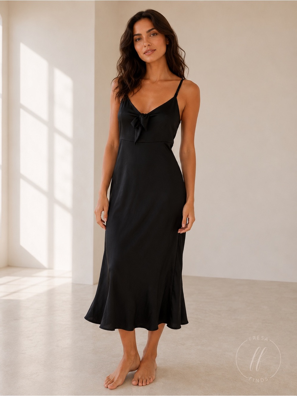 Socialite Black Satin Tie Front Slip Midi Dress XS Adjustable Straps